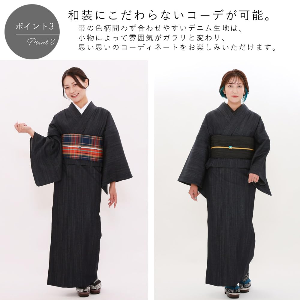 Kyoto Kimono Yuzen Washable Denim Kimono, Kaihara Komon Pattern, Single Kimono, Women's, Size M, Indigo, High-Quality, Made in Japan, Ready-to-Wear