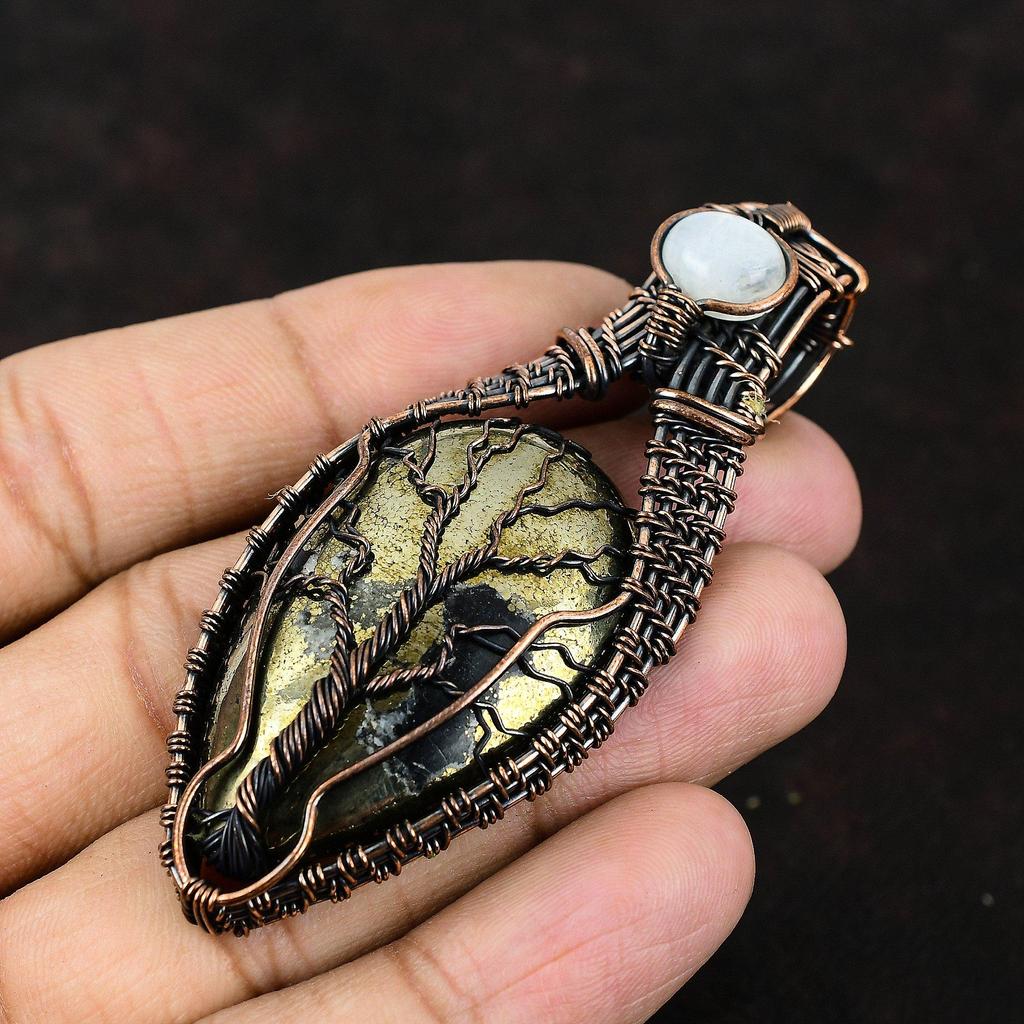 Древо жизни Пирит Драгоценный камень Подвеска Медная проволока Обернутая подвеска Медная проволока Ювелирные изделия Радужный лунный камень Ювелирные изделия Подарок для нее Дизайнерский кулон