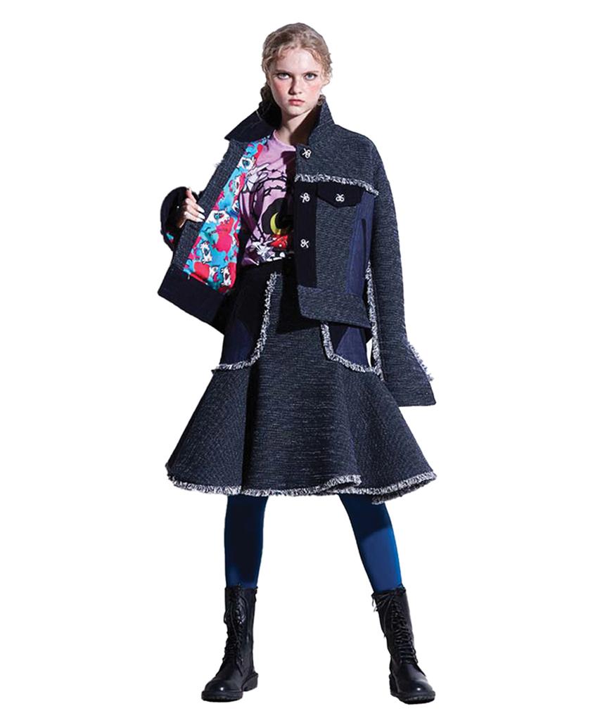 Greedius Denim Corduroy Combination Ruffle Skirt