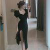 "Summer 2025 Black French Puff Sleeve Dress with Long Slit for Women"