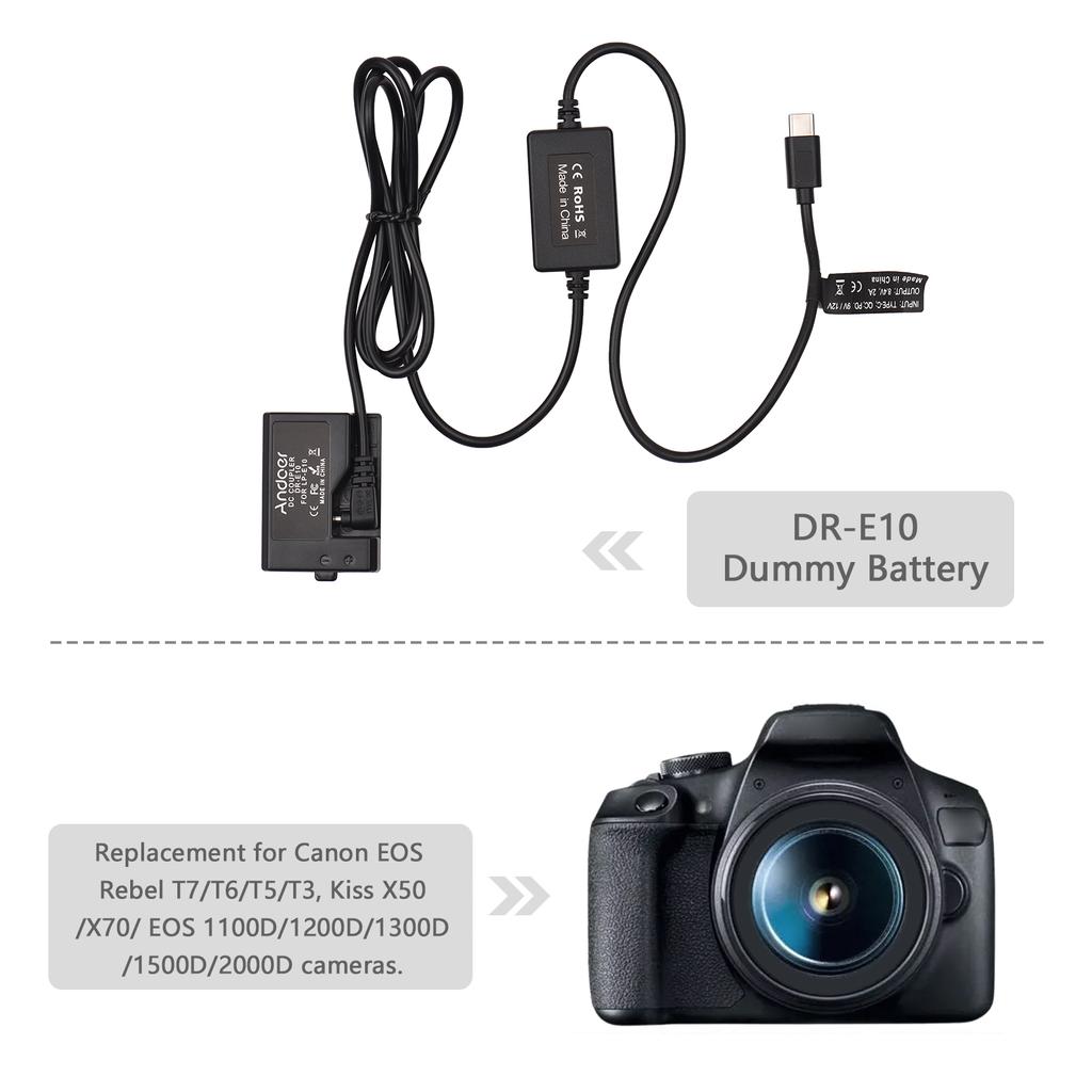 Кабель Andoer PD USB Type-C к DR-E10, фиктивная батарея, переходник постоянного тока LP-E10, замена для Canon EOS