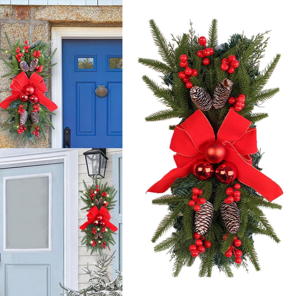 2 Pcs Xmas Stair Swag with Red Bow 18Inch Stairway Swag Trim Plastic Christmas Stair Garland for Stair Front Door Decoration