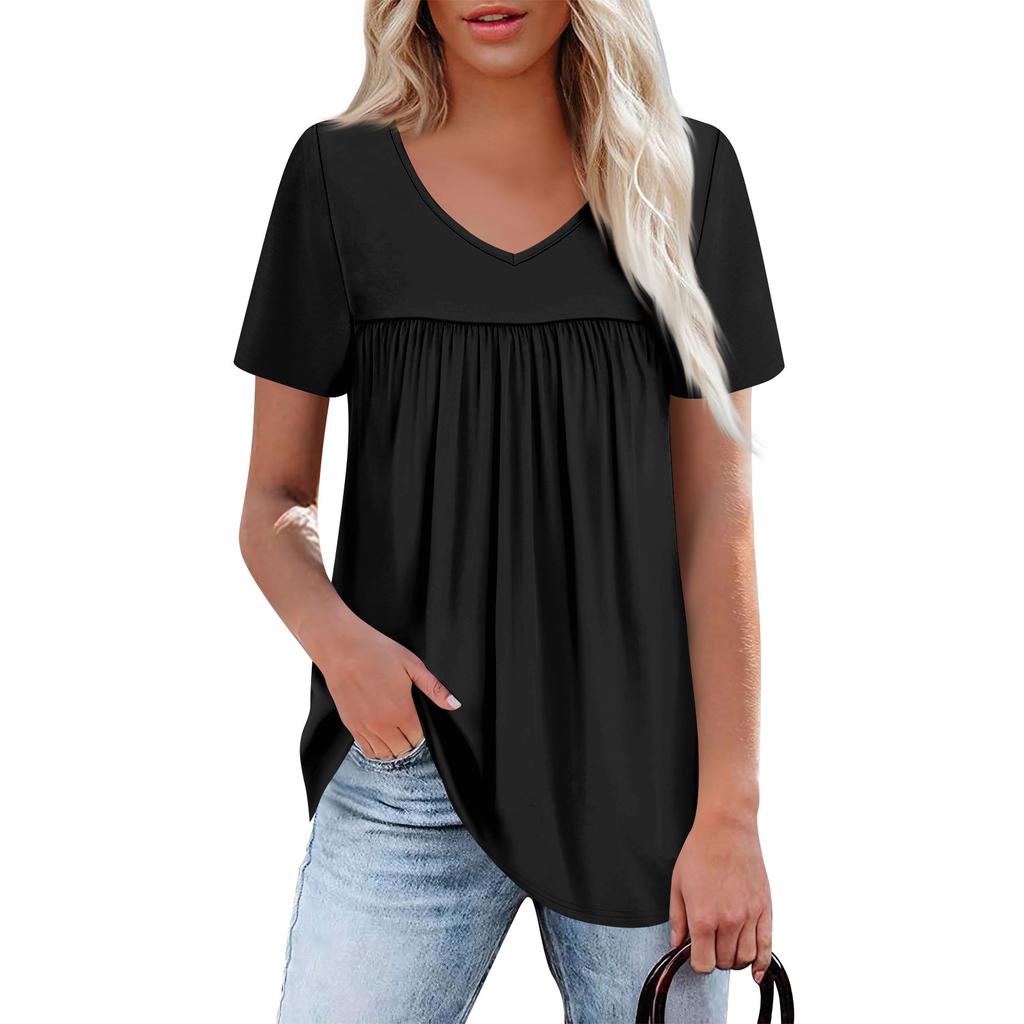 Women's Casual V-Neck Short Sleeve Chest Ruffle Solid Color Top