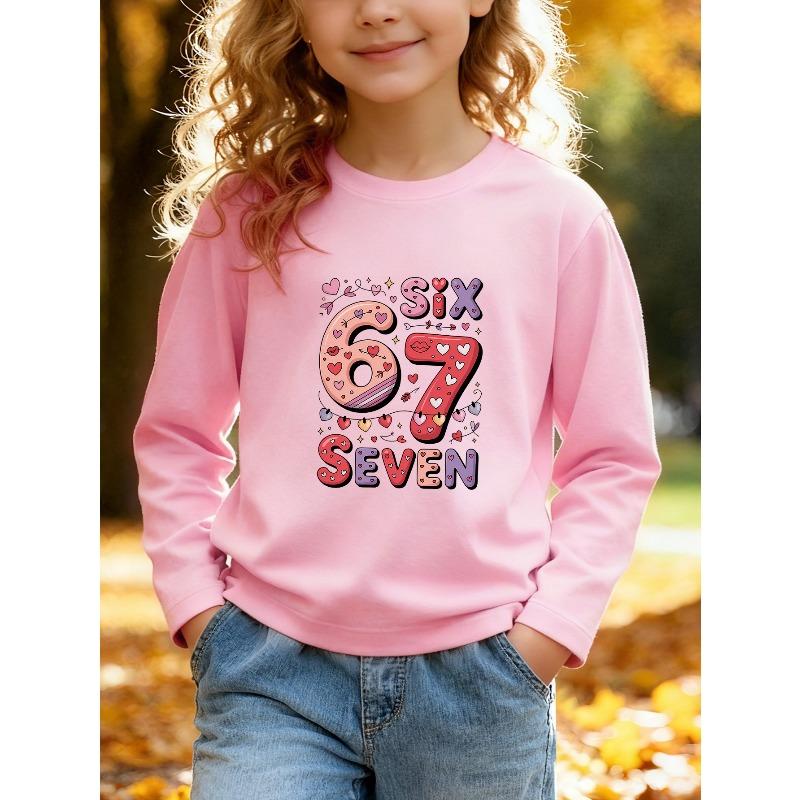 Kids Unisex Pink Crewneck Sweatshirt, Cute Heart Arrow Cartoon 67 Six Seven Print Long Sleeve Pullover, Soft Fleece Sweatshirts for Boys Girls Ages 4+