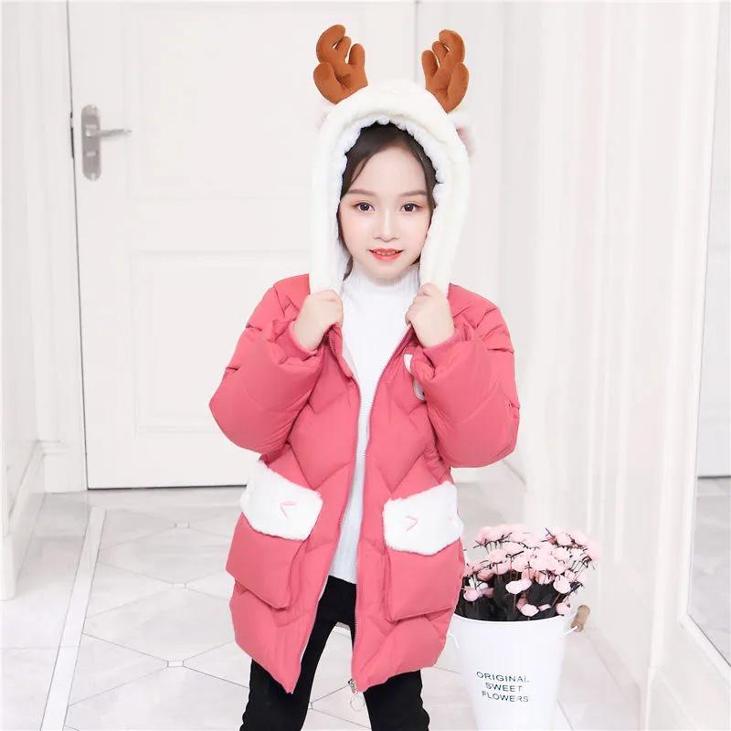 Одежда для девочек на хлопковой подкладке, модная одежда в корейском стиле с вышивкой на хлопковой подкладке, детская зимняя утолщенная куртка с большим меховым воротником на хлопковой подкладке