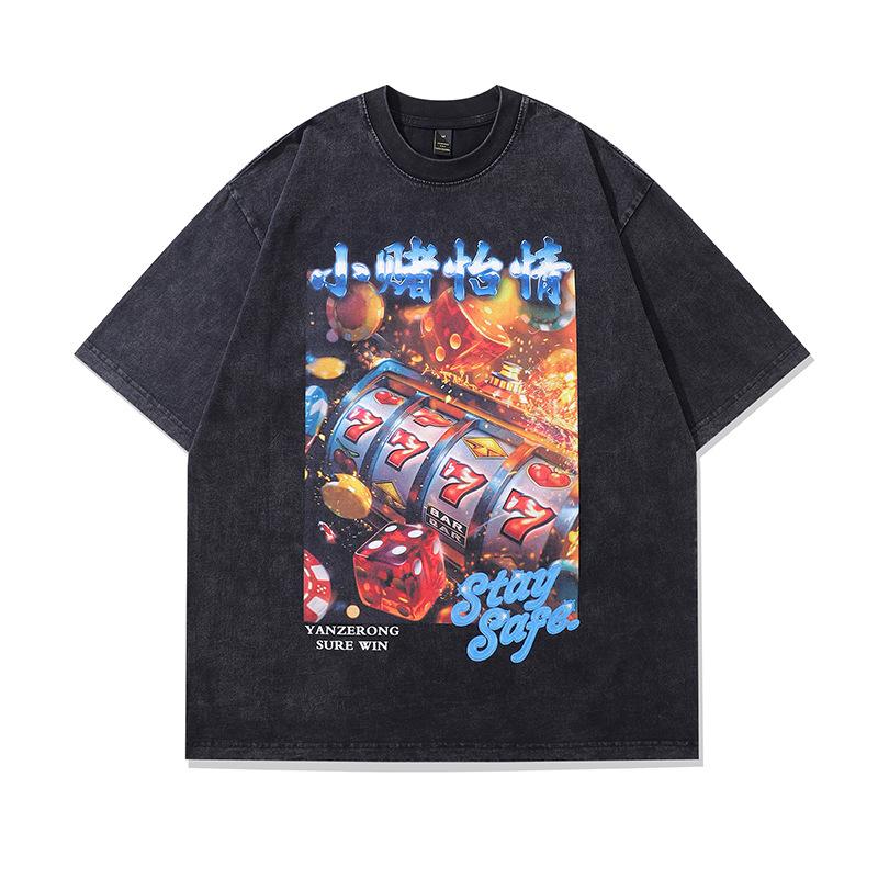 Summer Heavy Cotton Washed Vintage Top Harajuku Street Retro Printed Short-Sleeved T-Shirt Men Ins