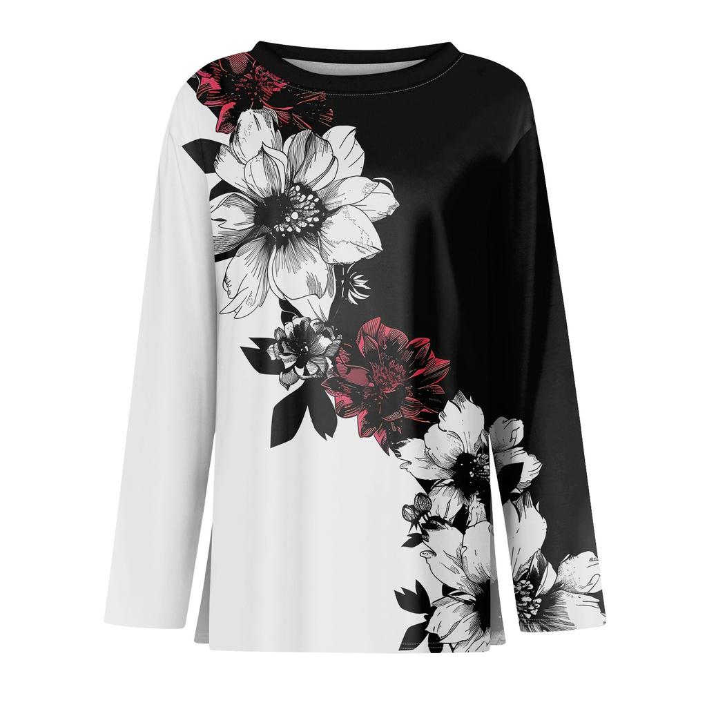 Женская модная повседневная свободная футболка с принтом и круглым вырезом с разрезом и длинным рукавом, женский топ