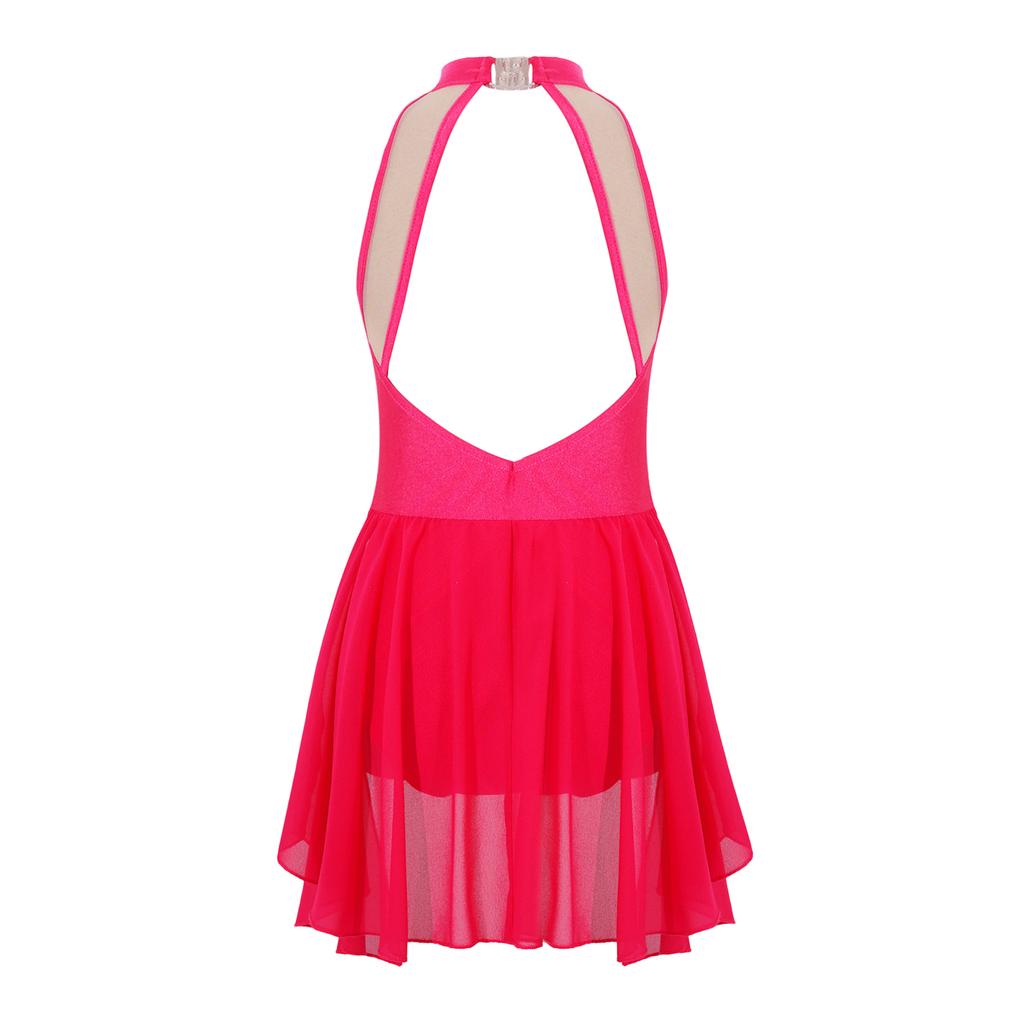 Kids Girls Elegant Chiffon Dress Sleeveless Stand Collar Backless Rhinestone Floral Stage Costume