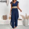 Женские модные повседневные летние весенние однотонные брюки с v-образным вырезом и короткими рукавами и высокой талией, комбинезоны и комбинезоны