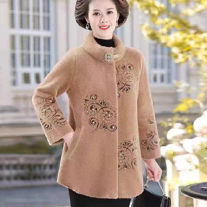 Fashionable and Elegant Mid-Aged Mother's Coat, Autumn and Winter Faux Mink Cashmere Sweater Jacket