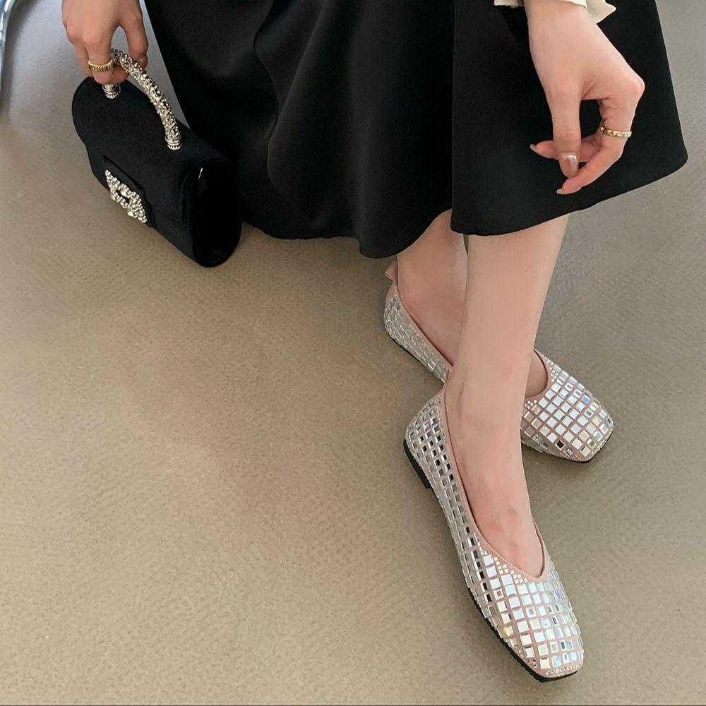 Модные женские туфли-лоферы с круглым носком, цепочкой из кристаллов и страз, 2024, новые поступления, модные черные, серые, розовые, балетки для танцев на открытом воздухе, Janes