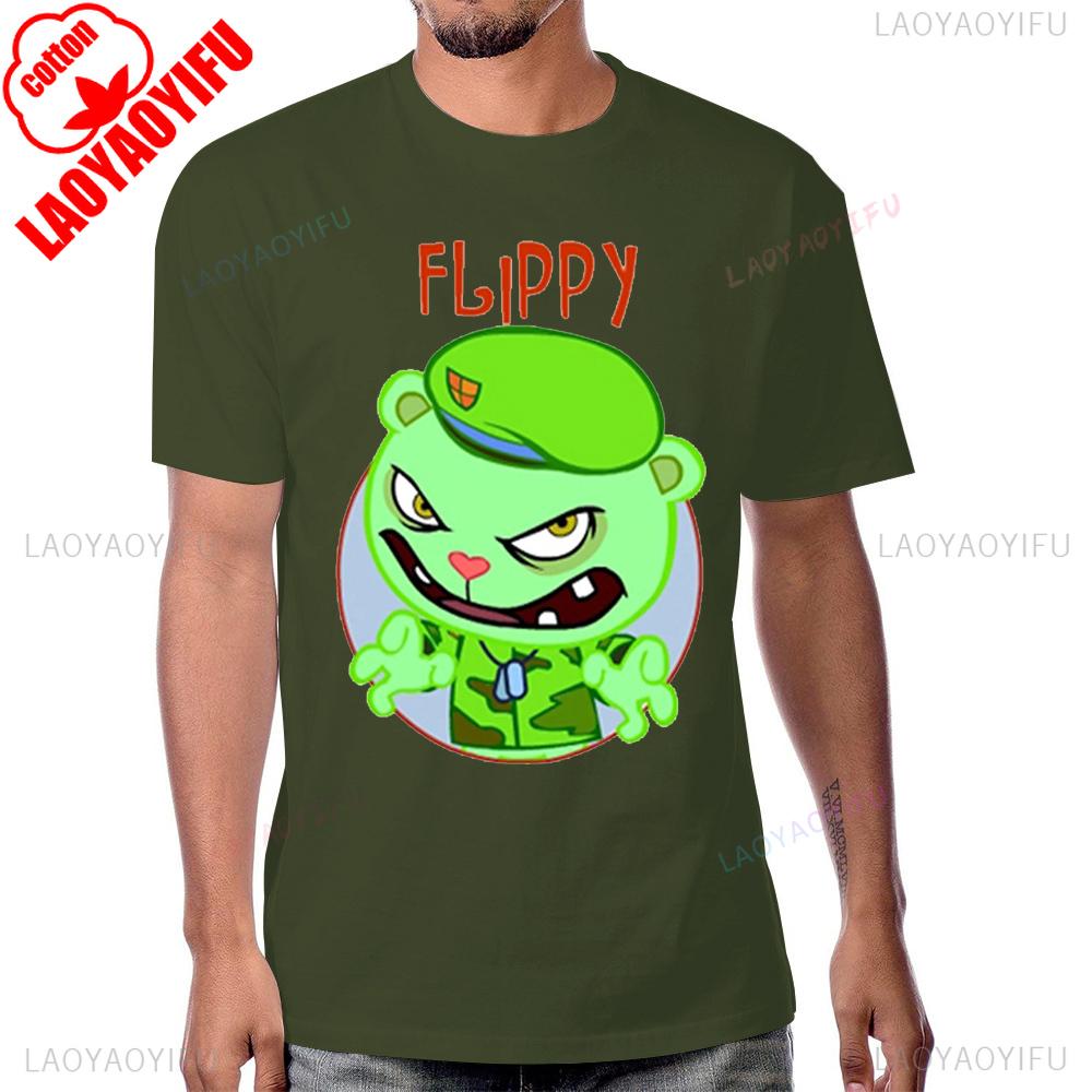 Футболка с принтом Happy Tree Friends Аниме Винтажный Мультфильм 90-е Короткий Рукав Летний Стиль Мужская Футболка Черный Юмор Графика Хлопковая Футболка