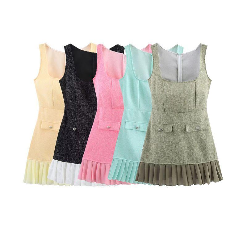 Kaslead New Arrival Women's Clothing Fashion Style Fashion Slim Fit Square Collar Sleeveless Pleated Dress