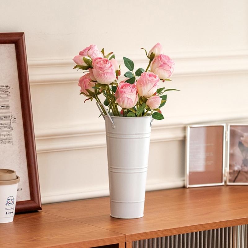 Farmhouse French Flowers Bucket with Handle Metal Flower Holder for Home Table Centerpieces Galvanized Metal Vases