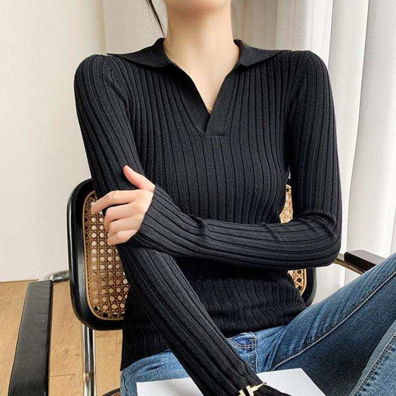 Autumn/winter Knitted T-shirt Women's Pullover Knit Sweater V-neck Polo Shirt Top Knitted Undershirt Women's Stretch Skinny Sweater Undershirt