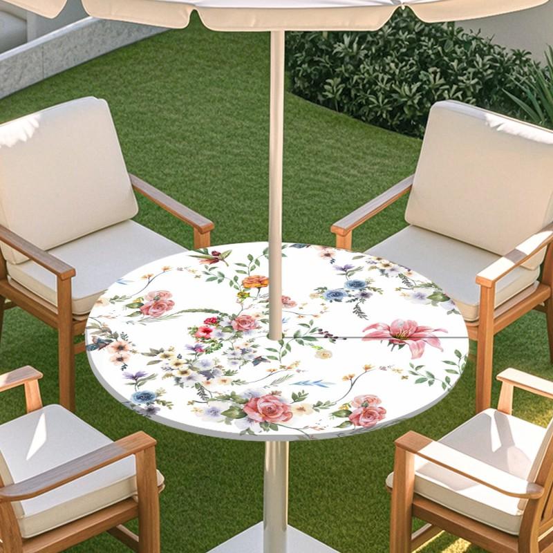 Outdoor Round Table Cover With Floral Print Oil Painting Style Waterproof Elastic Edge Patio Garden