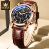 OLEVS 2871 Luxury Waterproof Quartz Watch for Men Leather Strap Mens Wristwatches Date Moon Phase Luminous Clock Reloj Hombre