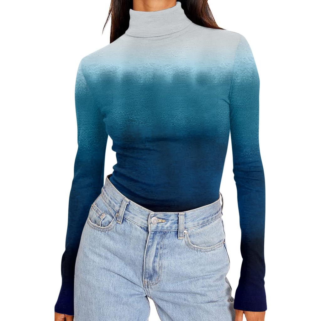 Women's Turtleneck Long Sleeve Shirts Printed Fall Fashion Basic Slim Fit Soft Thermal Tops