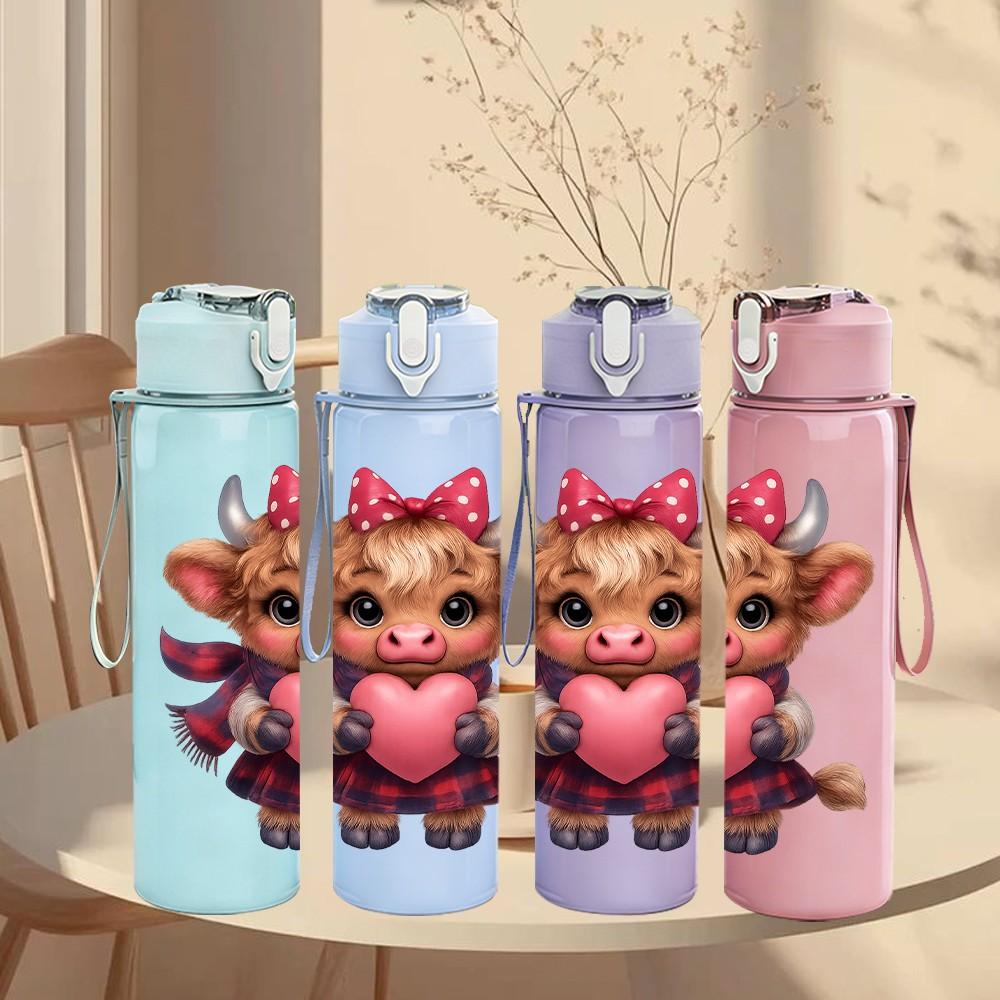 1PC Lovely Cow Heart 750ml Color Plastic Sports Water Bottle Leakproof Flip Straw Lid Suitable for Sports Office Home Use