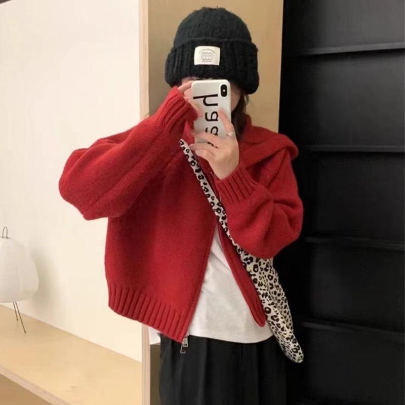 Женский вязаный кардиган с капюшоном на двойной молнии, осенний, в ленивом стиле, нишевый дизайн, многослойный, короткое шикарное пальто