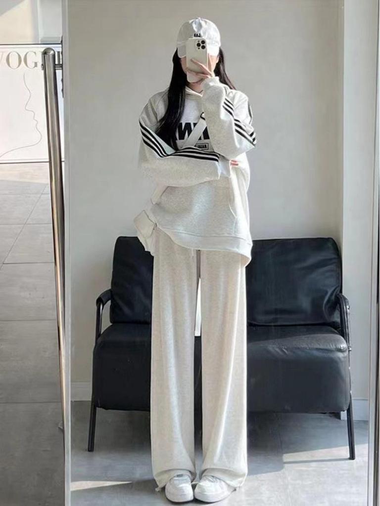 Women's American-Style Gray Sweatpants: Spring & Autumn Loose Fit, Slimming, Wide-Leg, Straight-Leg, Winter Fleece-Lined.