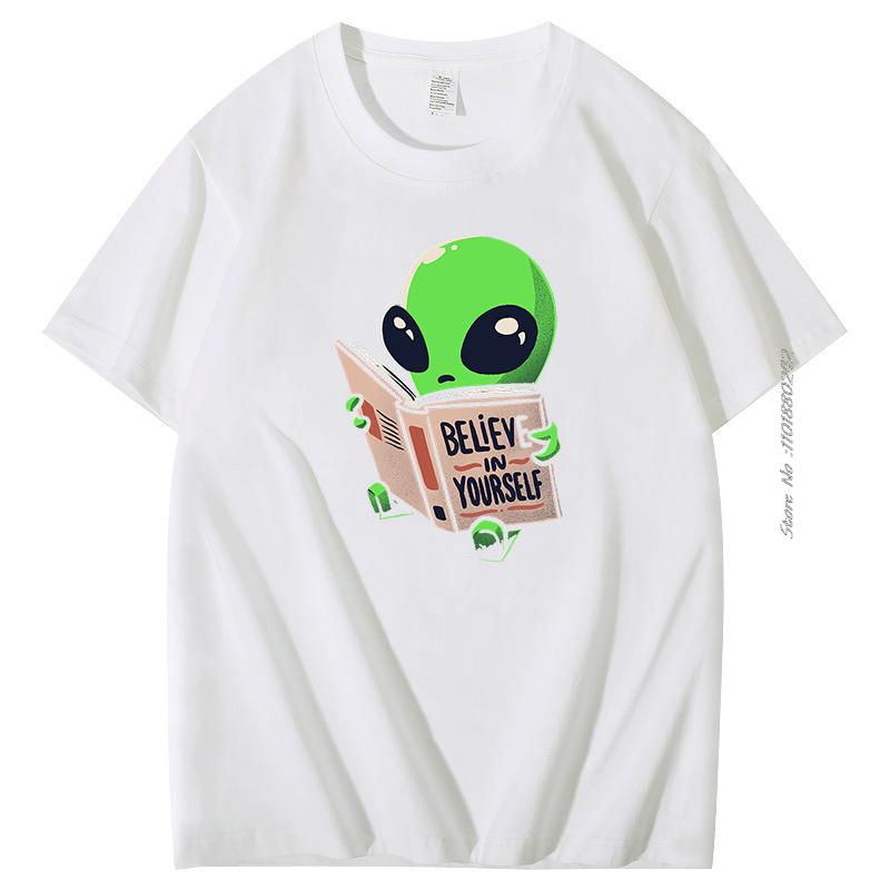 Believe In Yourself Alien Is Reading Graphic Tshirt Unisex Soft Casual Tops Unisex Oversized Funny Short Sleeve Cotton Tshirt
