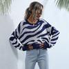 Vintage Fashion Elegant Casual Women's Fall Knitted Inner Blue Zebra Print Round Neck Sweater Women Loose