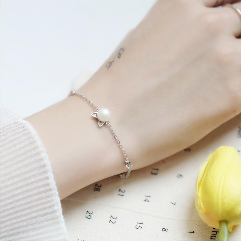 Sterling Silver S925 Silver Bracelet Korean Style Pearl Cat Ears Sweet and Cute Diamond Kitten Bracelet for Women Gift