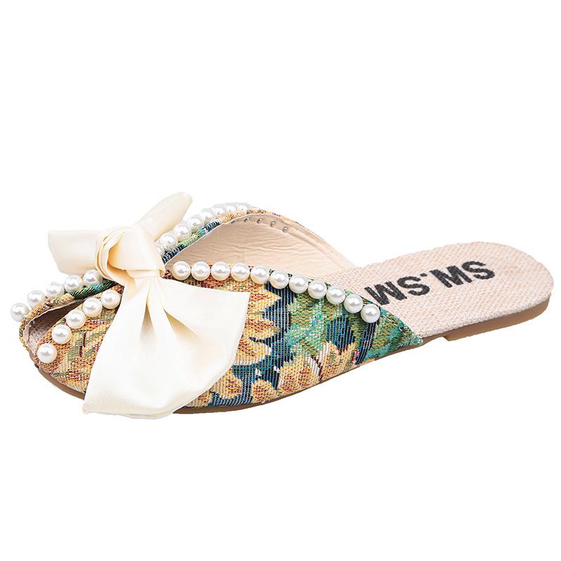 Small Floral Sandals Bag Head Half Slippers Women's Summer Wear New Year's New Bow Pearl Flat Bottom Fish Mouth Muller
