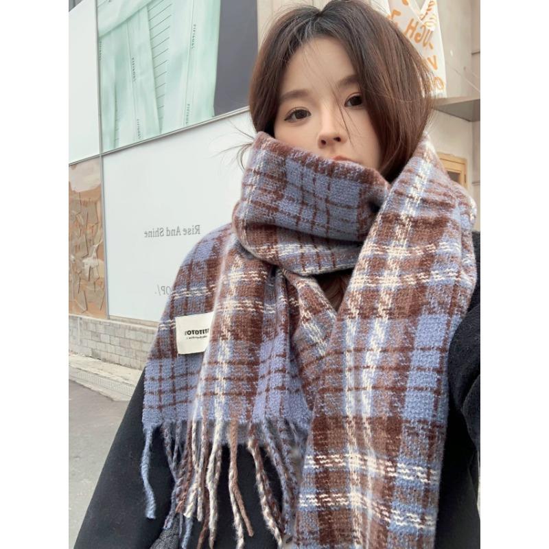 Women S Winter Plaid Scarf Faux Cashmere Warm Tassel Shawl Couple Style