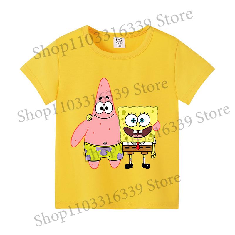 SpongeBob SquarePants Children Short Sleeved Cartoon Anime T-shirt Birthday Tops Boy Girl Summer Fashion Tees Kids Clothes Gift