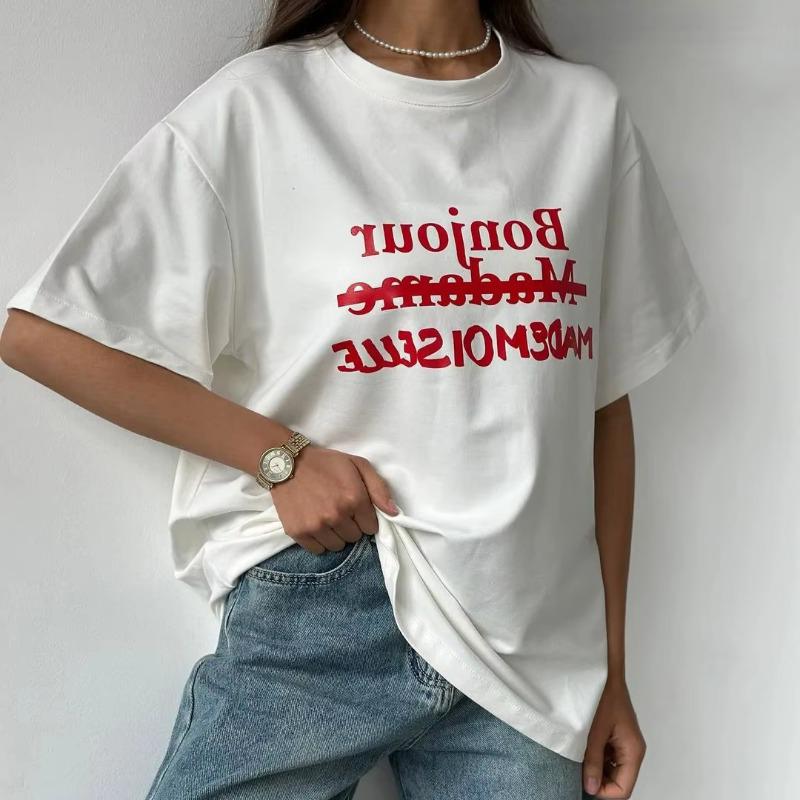 Футболка с принтом Simplicity Letter, хлопковая, женская, летняя, белая, свободная, с коротким рукавом и круглым вырезом, повседневная, базовая женская одежда