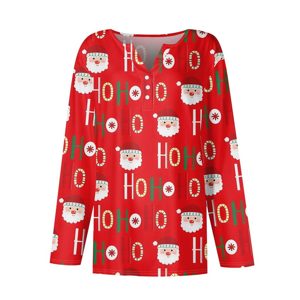 Women's T Shirt Tee Christmas Print Button Long Sleeve Daily Weekend Fashion Basic V- Neck Regular Top