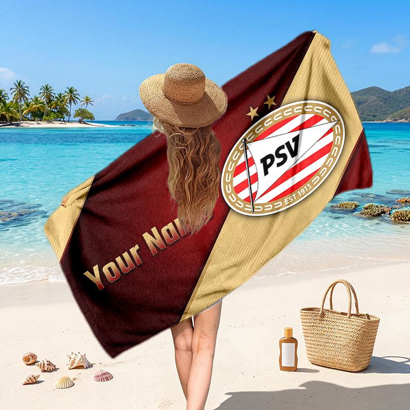 PSV Eindhoven FC Custom Beach Towel, Personalized Name Text Print, Football Logo Soft Quick‑Dry Towel Holiday Gift