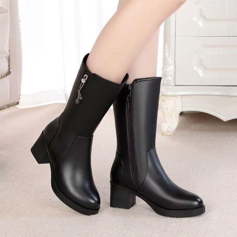 Winter New Cotton Boots Thick Heel High Boots Medium Shoes Velvet Warm Non-slip High Heel Fashion Leather Boots