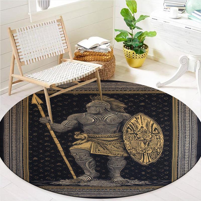 Retro Line Roman Warrior Round Area Rug,Carpet Rug for Living Room Bedroom Sofa Playroom Decor,Non-slip Floor Mat