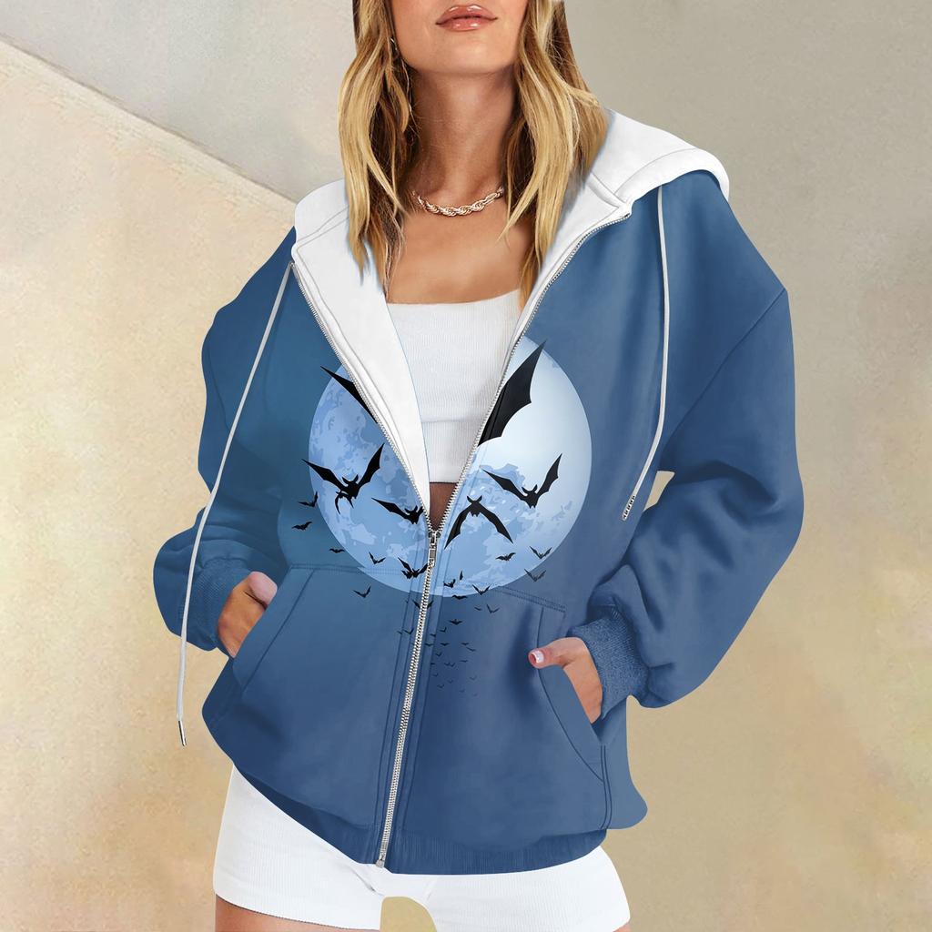 Women's Fashion Casual Halloween Printed Sweatshirt Autumn Winter Long Sleeve Cardigan With Pockets Zipper Hoodie Jacket