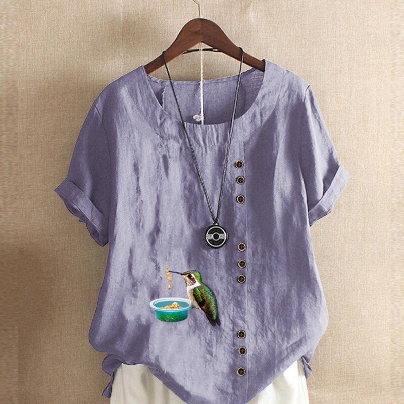 Women's New Fashion Linen Shirt Round Neck Short Sleeve Bird Printed T-shirt Summer Ladies Casual Plus Size Blouse Tops