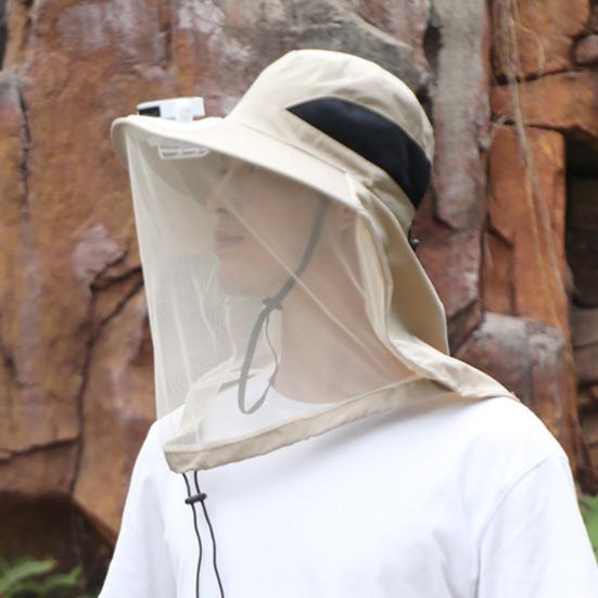 Mosquito Head Net Hat with Fan for Men Women Wide Brim Sun Hat with Mesh Net Summer Cooling Bucket Hat for Outdoor Fishing Hiking