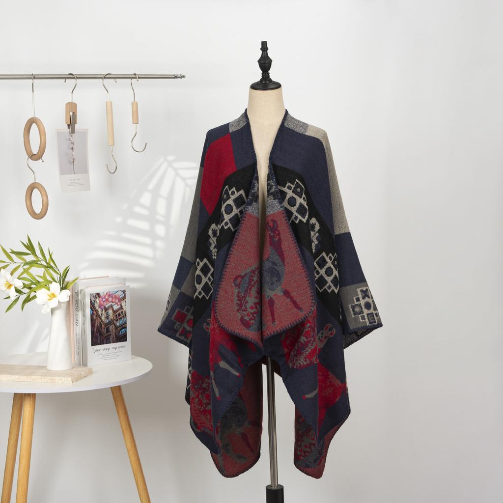 Этнический стиль Принтованная шаль Имитация кашемира Кейп с разрезами Теплый шарф Куртка Ретро Литературный Большая шаль Женская