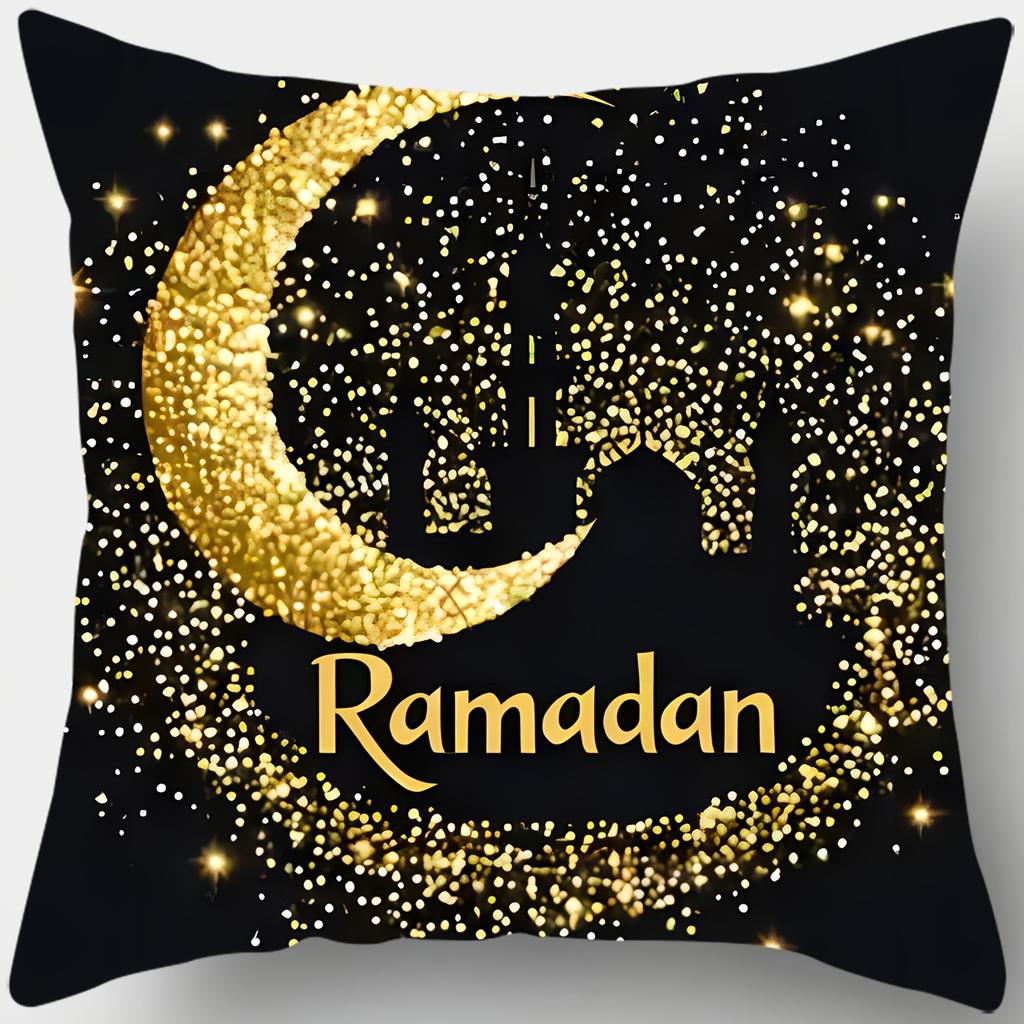 1/4Pcs Elegant Black & Golden Eid Al-Fitr Pillow Covers Traditional Crescent Moon & Mosque "Happy Eid" Decorative Cushion Case