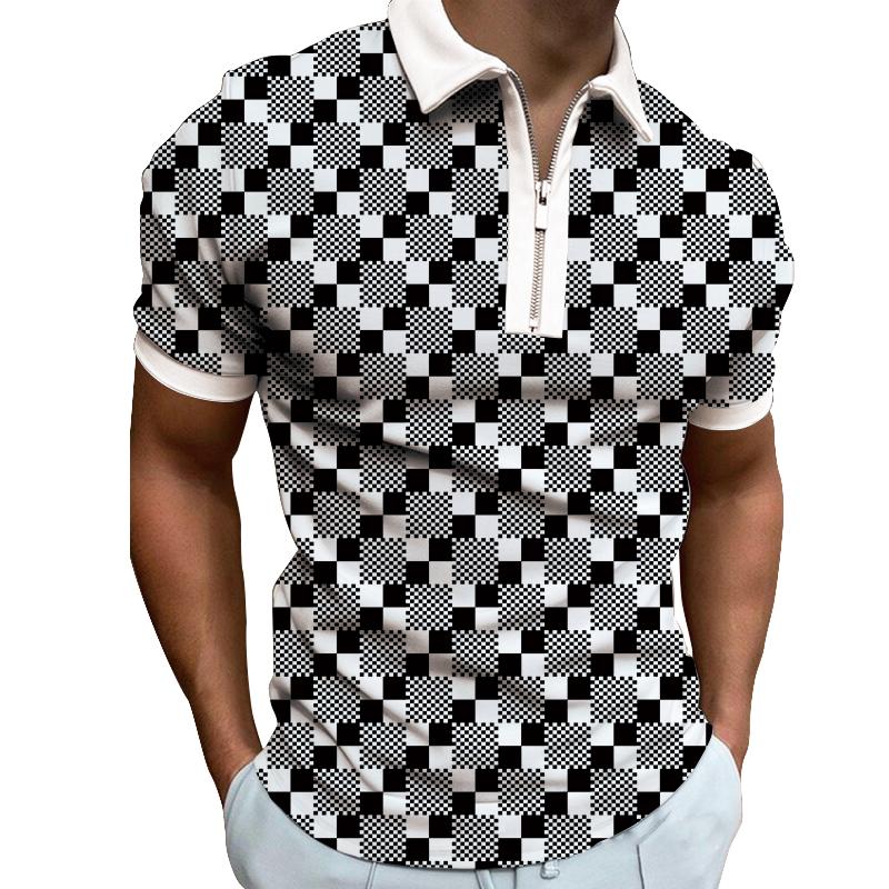 Мужская повседневная тонкая рубашка-поло с коротким рукавом и застежкой-молнией в мелкую клетку