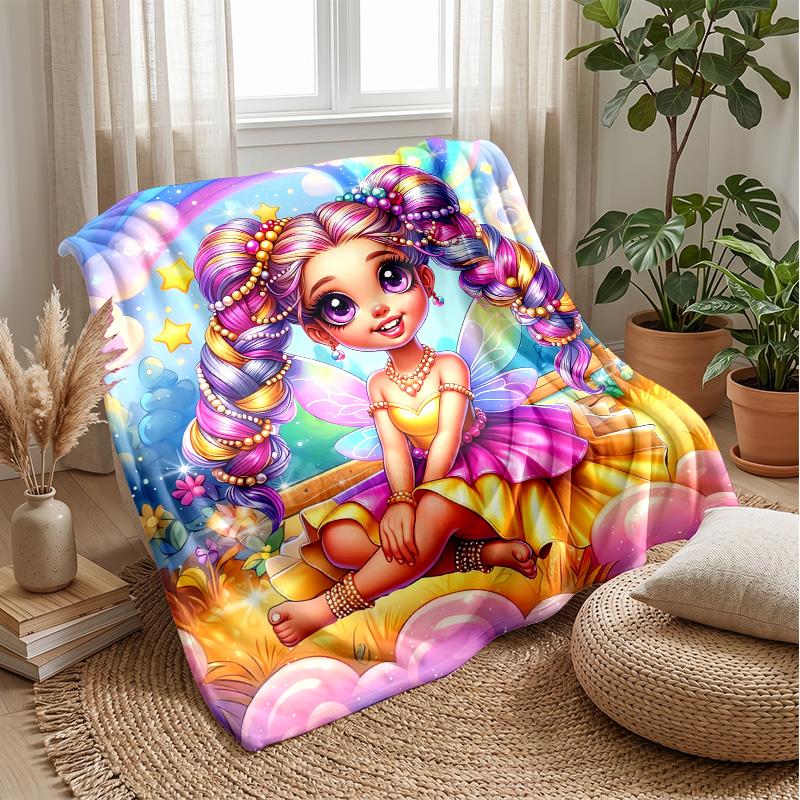 Rainbow Fairy with Colorful Hair Theme blanket Lightweight Warm Flannel Blanket Decorative Throw Blanket for Home Decoration