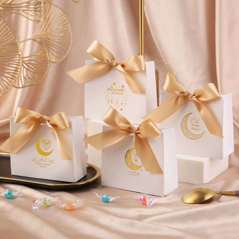 10pcs Party Supplies Silk Ribbon Eid Mubarak Gift Box Paper Moon Star Gift Packaging Box Unique DIY Candy Bags Family Party