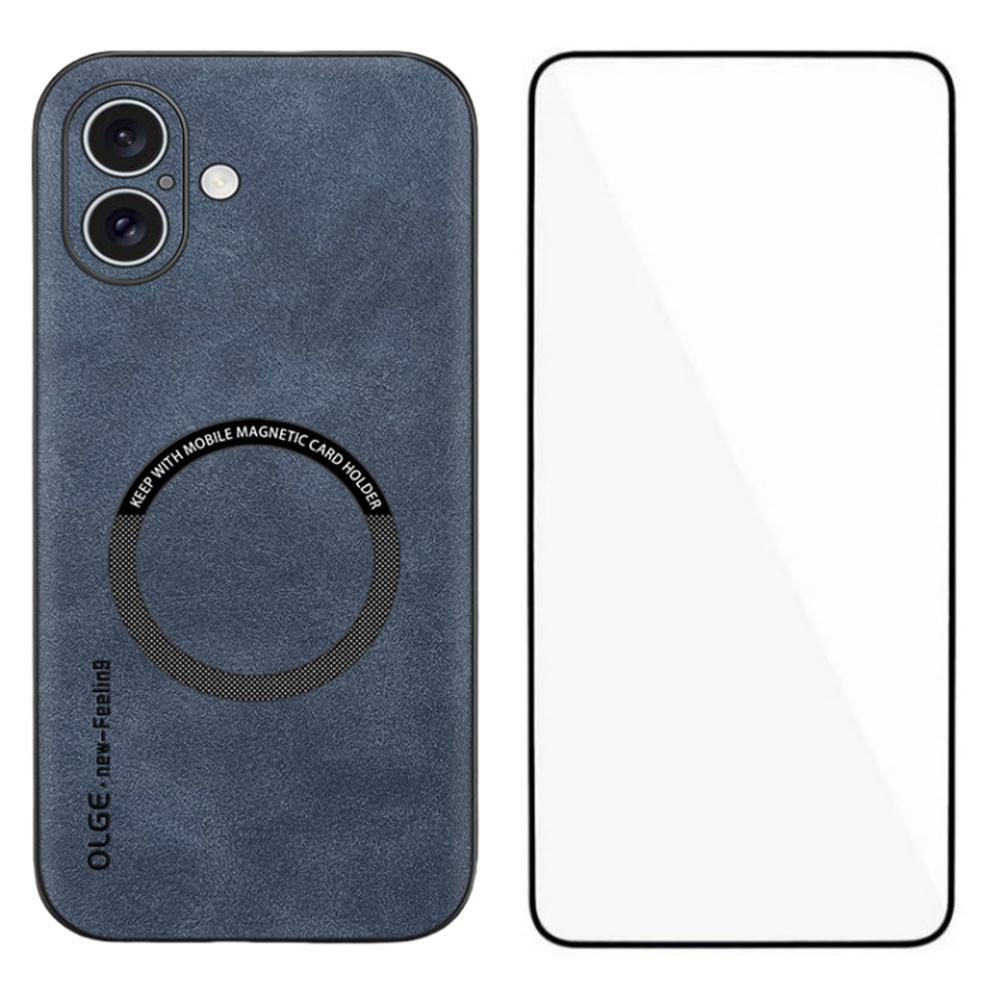 For iPhone 16 Magnetic Case with Tempered Glass Film PU Leather+TPU Phone Cover Precise Cutouts