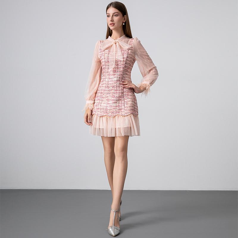 Осенне-зимние женские милые бабочки воротник перья рукава сетчатый пэчворк твидовые вечерние платья