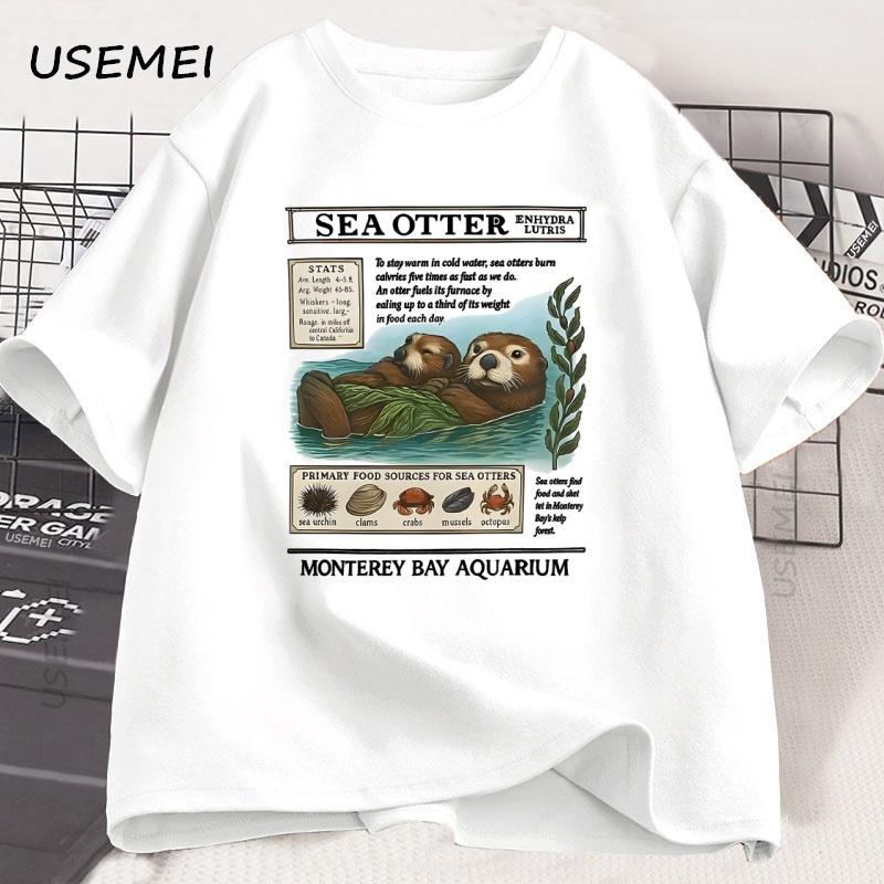 Sea Otter T Shirt Funny Monterey Bay Otter Printed T-Shirt Vintage Coastal Aesthetic Tee Cotton