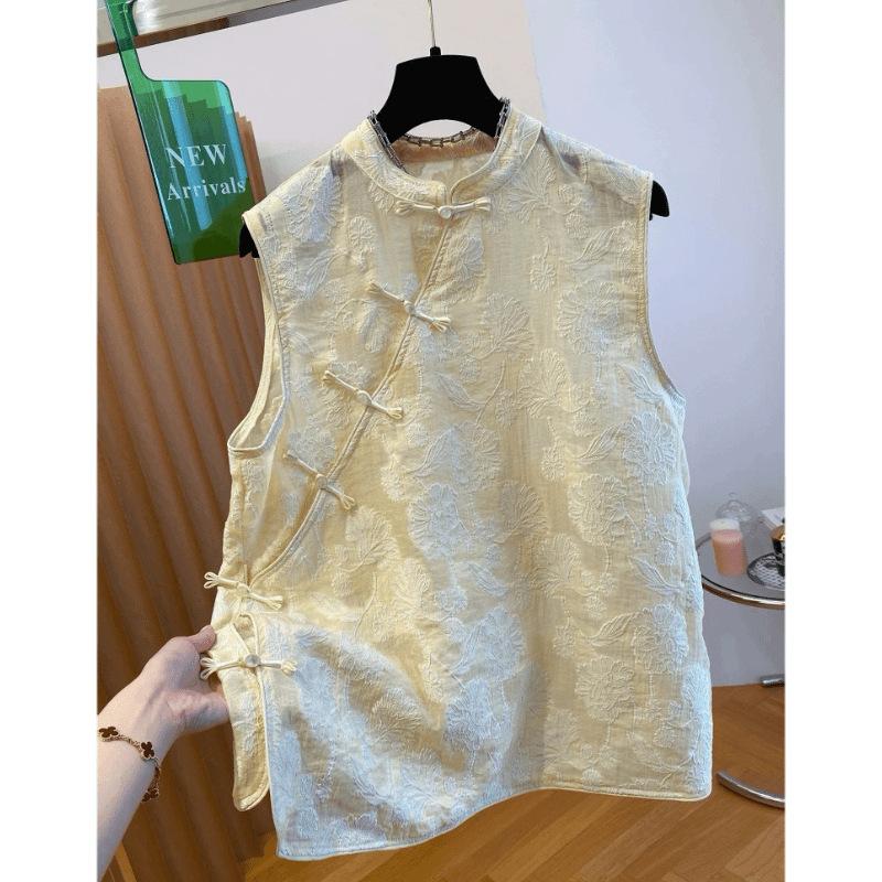 New Chinese style improved cheongsam sleeveless top women's summer embroidered button-up vest shirt pink
