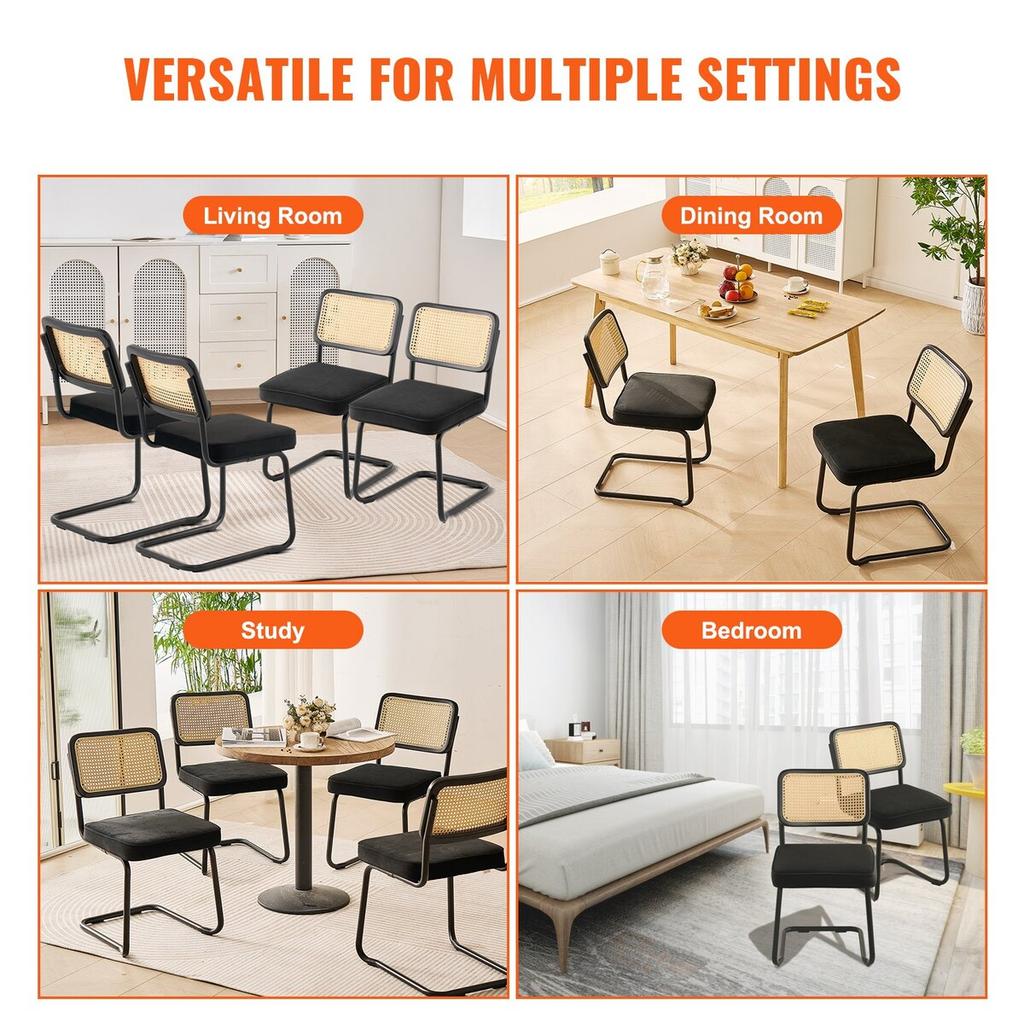 Rattan Chairs, Set of 4, Mid Century Modern Dining Chair, Upholstered Velvet Accent Chair with Rattan Back, Retro Dining Room Kitchen Chair for Living