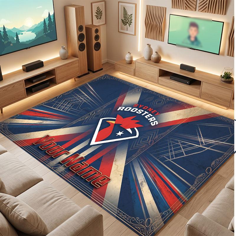 Sydney Roosters Personalized Crystal Velvet Carpet, Customized Name Text Soft Anti‑Slip Rug for Living Room Bedroom